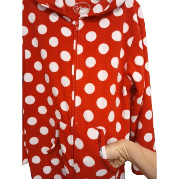 DISNEY Minnie Mouse JUMPSUIT Women's Sz M RED White Polkadot Hoodie HALLOWEEN PJ - Picture 5 of 15